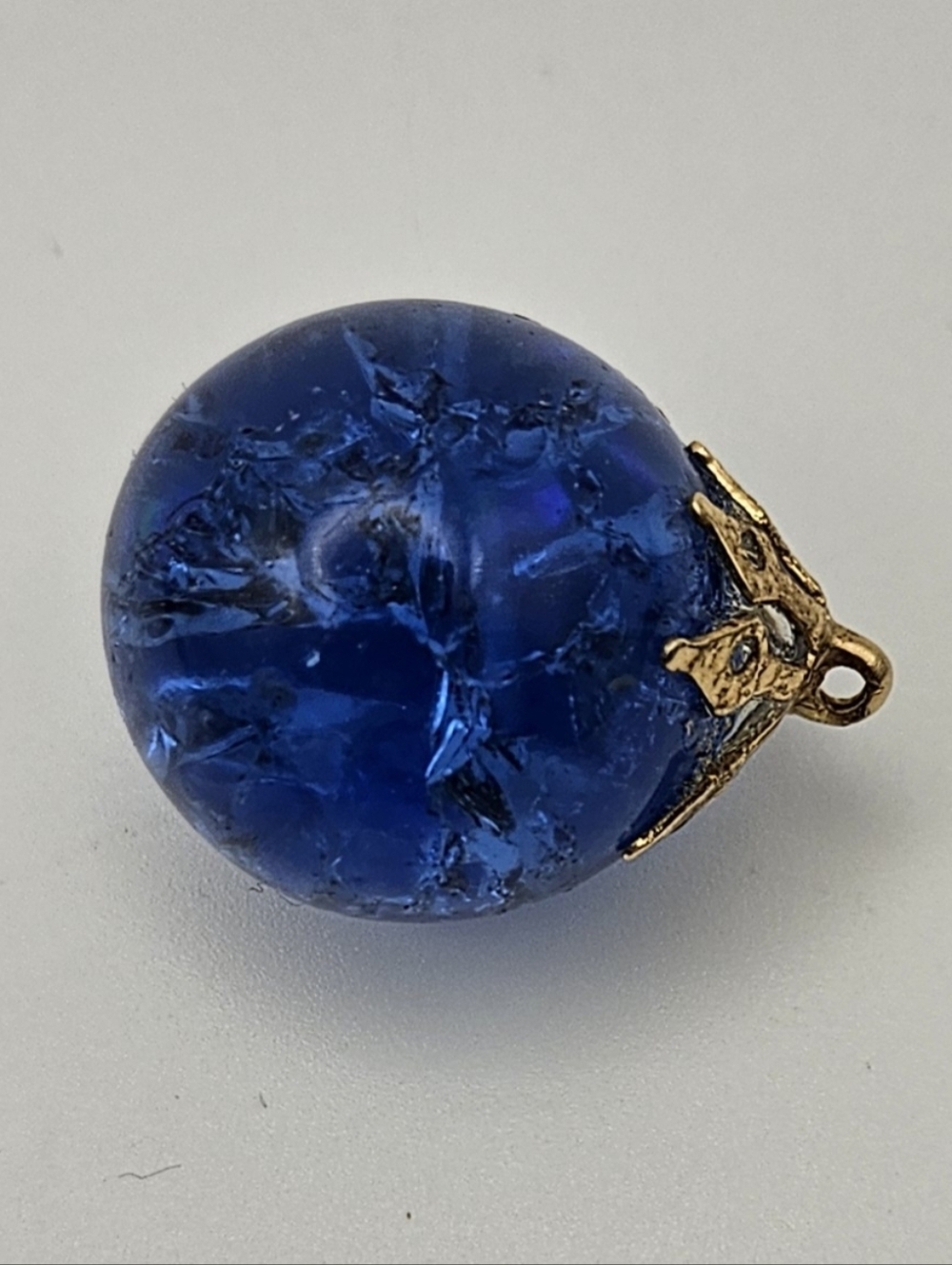 Vintage Cobalt Blue Crackle  Glass Orb Ball Pendant Gold Tone Filigree Cap